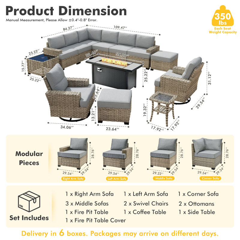 Tommy 10 - Person Outdoor Wicker Patio Conversation Furniture Set With Rocking Swivel Chairs And Fire Pit Table, Dark Gray
