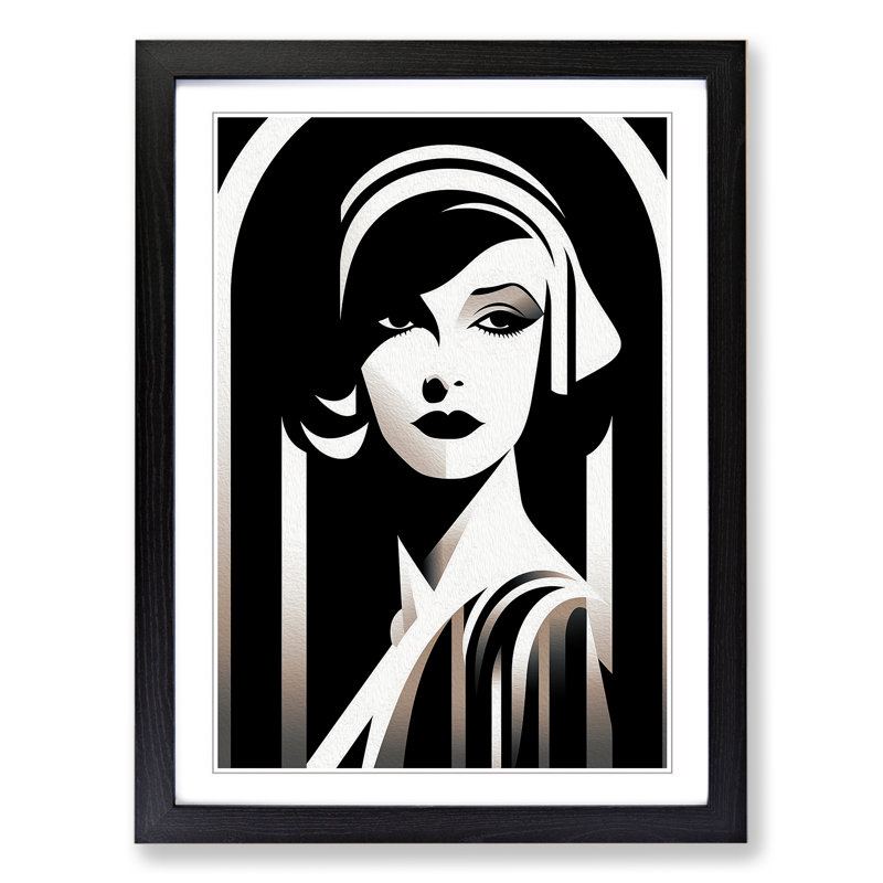 Art Deco Woman Line - Single Picture Frame Print on Wood, 46cm H x 34cm W x 2cm D, Black Framed