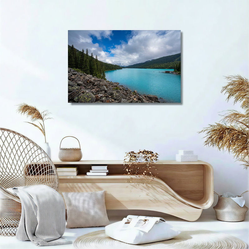 «Mountain Lake» avec eau turquoise et rivage rocheux, art mural, H 12 po x l 18 po