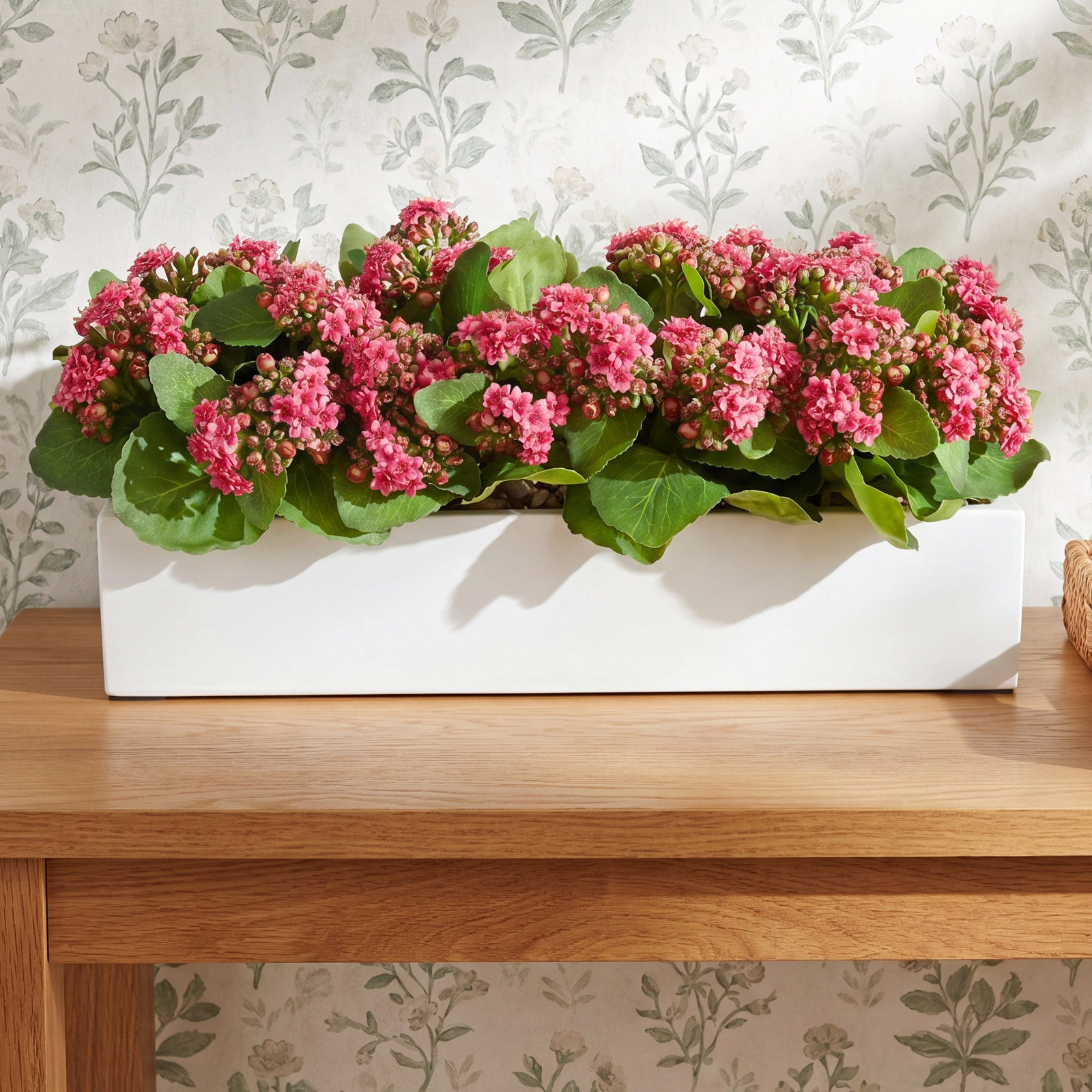 Kalanchoe Arrangement in Fiberstone Planter, Dark Pink, 9.5" H x 23" W x 9.5" D