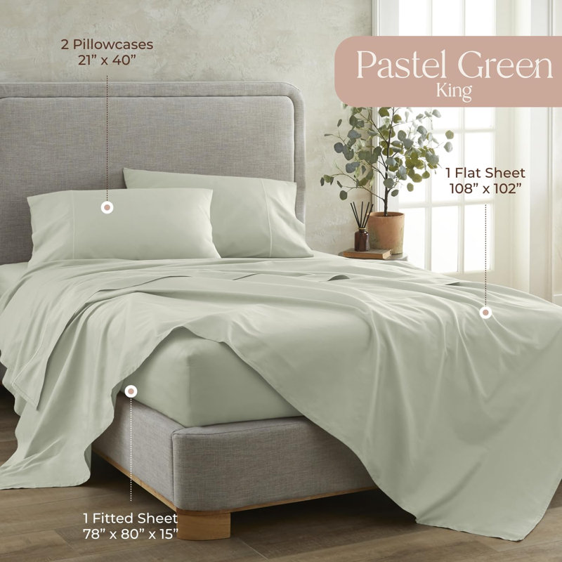 Draps 100% coton biologique Whisper King - Draps certifiés biologiques Gots avec poche profonde et tissage en satin respirant et confortable qui devient plus doux à chaque lavage - ensemble de luxe 3 pièces (très grand - vert pastel)