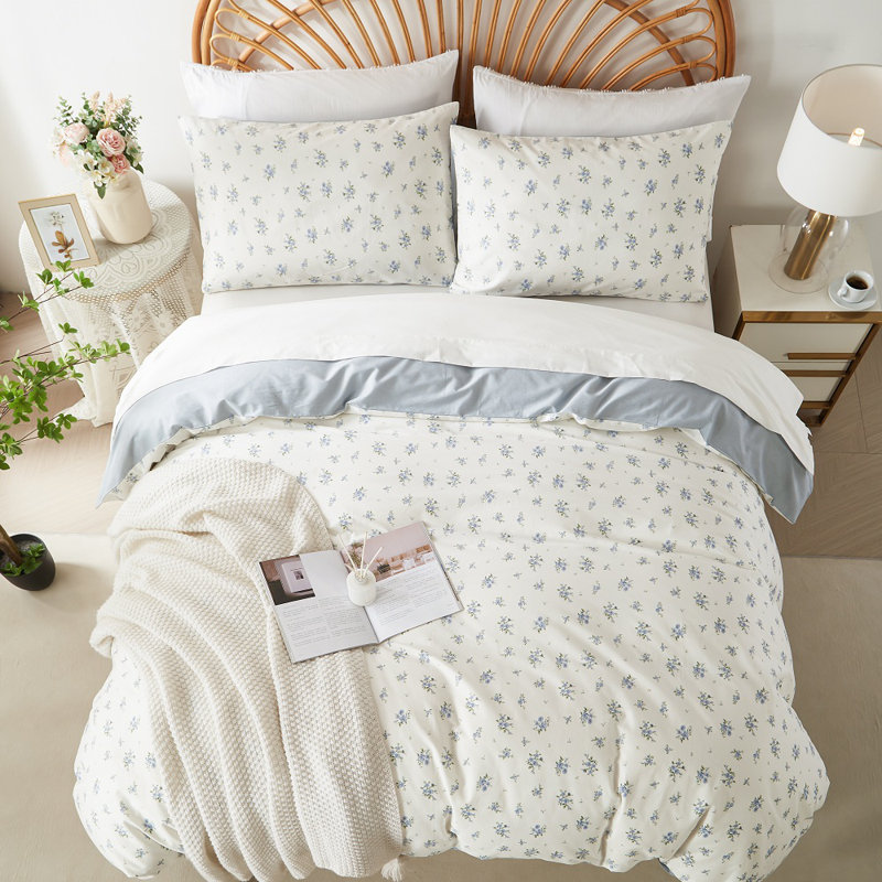 W-CMLFLin Cotton Standard Floral Duvet Cover, King Duvet Cover + 2 Standard Pillowcases