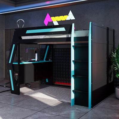 Lit mezzanine double pleine grandeur avec bureau intégré, lumières DEL RVB intelligentes et ports USB, lit haut en bois avec 6 casiers de rangement, 6 tiroirs et escalier sécuritaire, lit Gamer pour adolescents et adultes, noir et bleu
