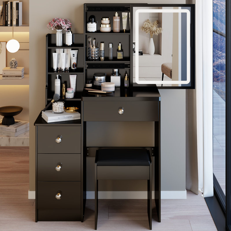 Table de coiffeuse de 29,2 po de gauche avec tabouret rembourré, miroir réglable tricolore à luminosité réglable, idéal pour les petits espaces, design américain, miroir noir et commode