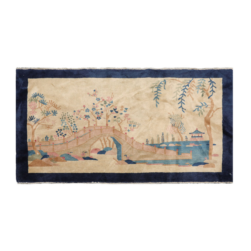 Tapis beige / bleu en laine noué à la main 2 pi 11 po x 5 pi 1 po
