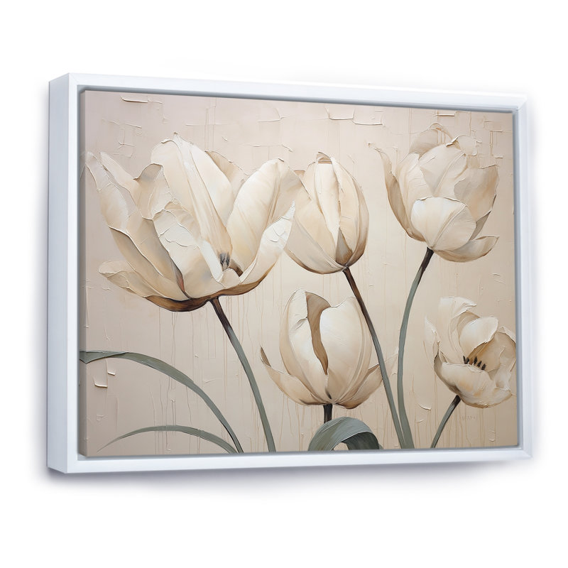 Minimalisme, tulipes blanches symphonie II sur toile, H 24 po x l 32 po x P 1 po, Cadre flottant blanc