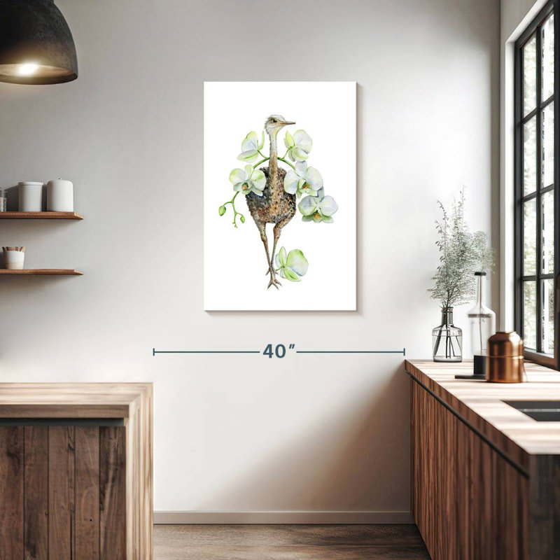 Autruche et orchidée, H 36 po x l 24 po