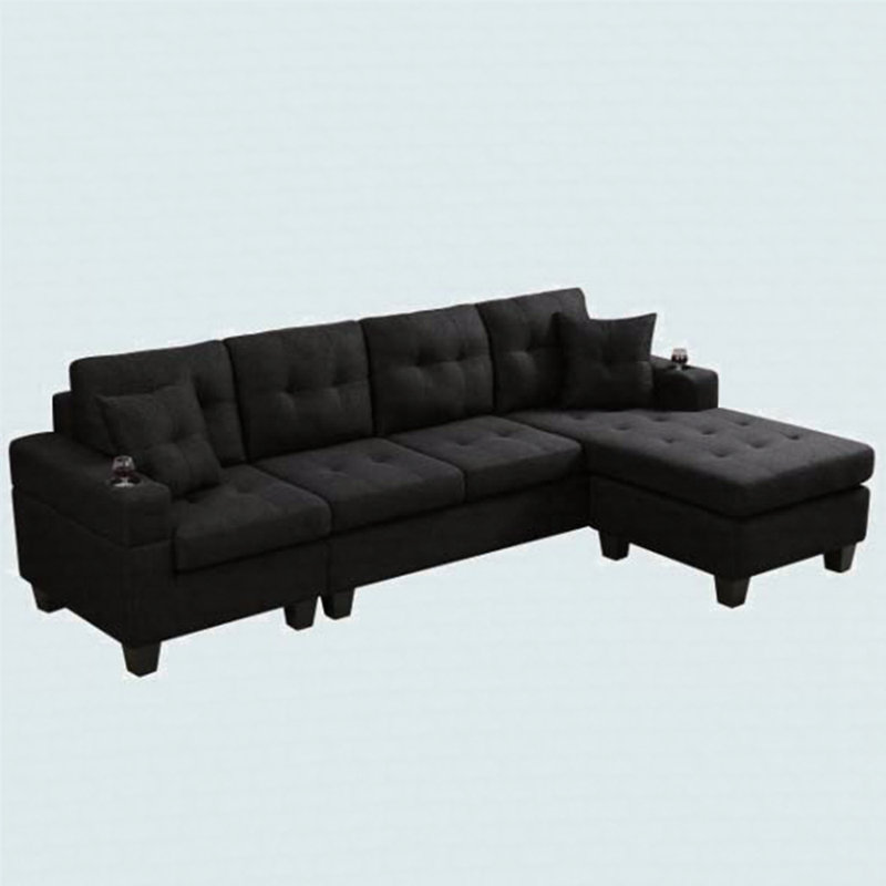 Modern Sectional Sofa, Black Fabric