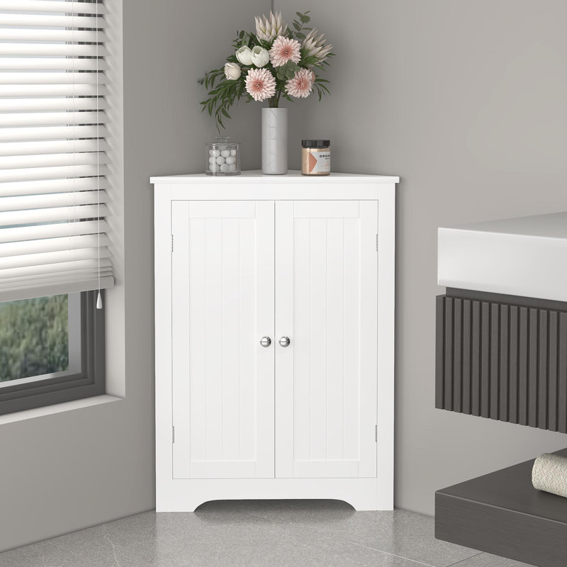 Floor Corner Cabinet With 2 Doors And Adjustable Shelves, Freestanding Narrow Cabinet Organizer, Corner Storage Cabinets For Bathroom, Kitchen, Living Room, Or Bedroom, White