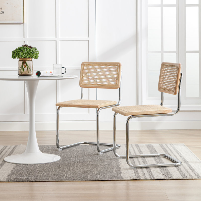 Benett Modern 46cm Natural Woven Rattan Dining Chairs with Metal Frame Small Kitchen Side Chairs, Chrome, 2