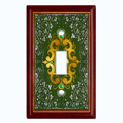 Metal Light Switch Plate Outlet Cover (Green Elegant Silver Flower Red Trim - Single Toggle)