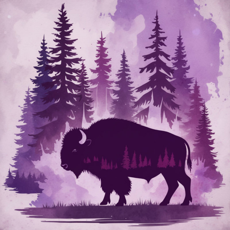 Bison dans des couvertures de forêt, L 50 po x H 60 po, Mauve moyen / gris clair