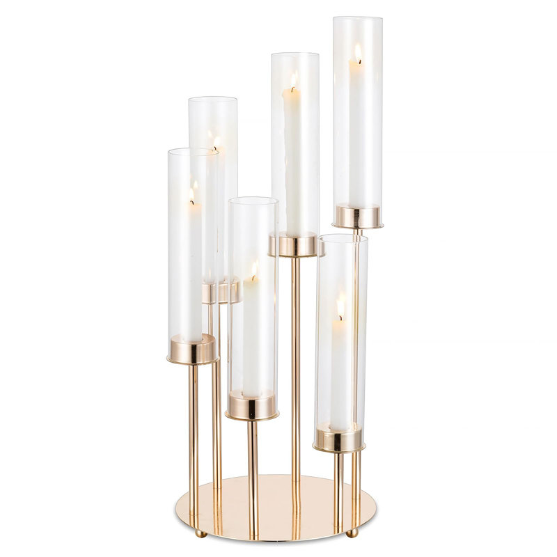 Hurricane Glass Candle Holders: 6 Arm Gold Metal Candlestick Candelabra With Removable Clear Cylinder Sleeve 24 Inch Tall Candelabras Large Taper Holder