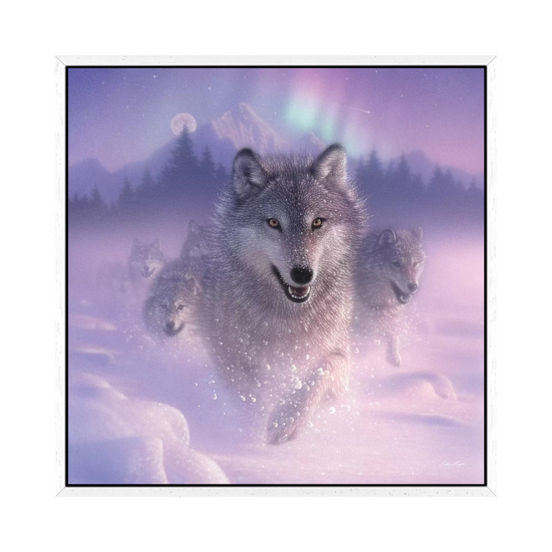 Northern Lights - Running Wolves by Collin Bogle - Print on Canvas, White Framed Canvas, 93.98 cm H x 93.98 cm W