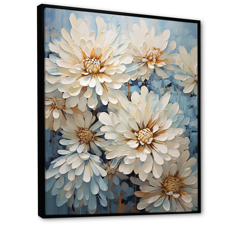 «Chrysanthemums White Blue Mosaic Garden V», reproduction sur toile, Cadre flottant noir, 32" H x 24" W