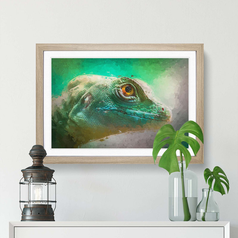 Green Lizard in Abstract - Picture Frame Graphic Art Print, 27cm H x 36cm W x 2cm D, Oak Framed