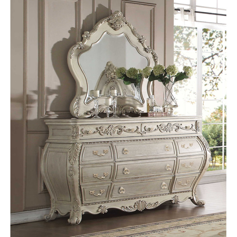 Commode 11 tiroirs avec miroir Elamin, Blanc antique