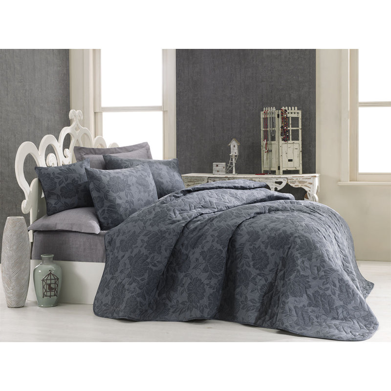 Ensemble de courtepointe 2 pièces en mélange de coton bleu Elfrieda, Courtepointe 79 po x 92 po + 1 pièce supplémenta