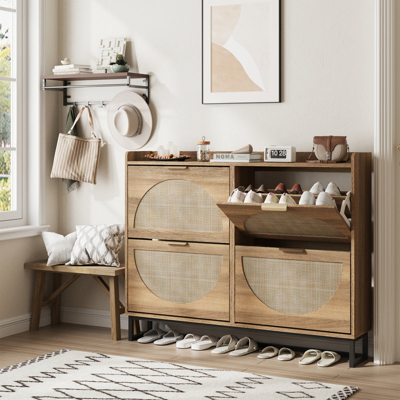 24 Pair Shoe Storage Cabinet, Natural Wood