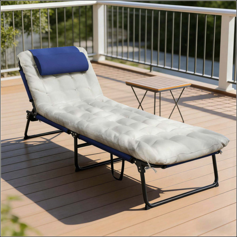 Chaise longue d'extérieur, chaise longue pliante, Blanc / Marine