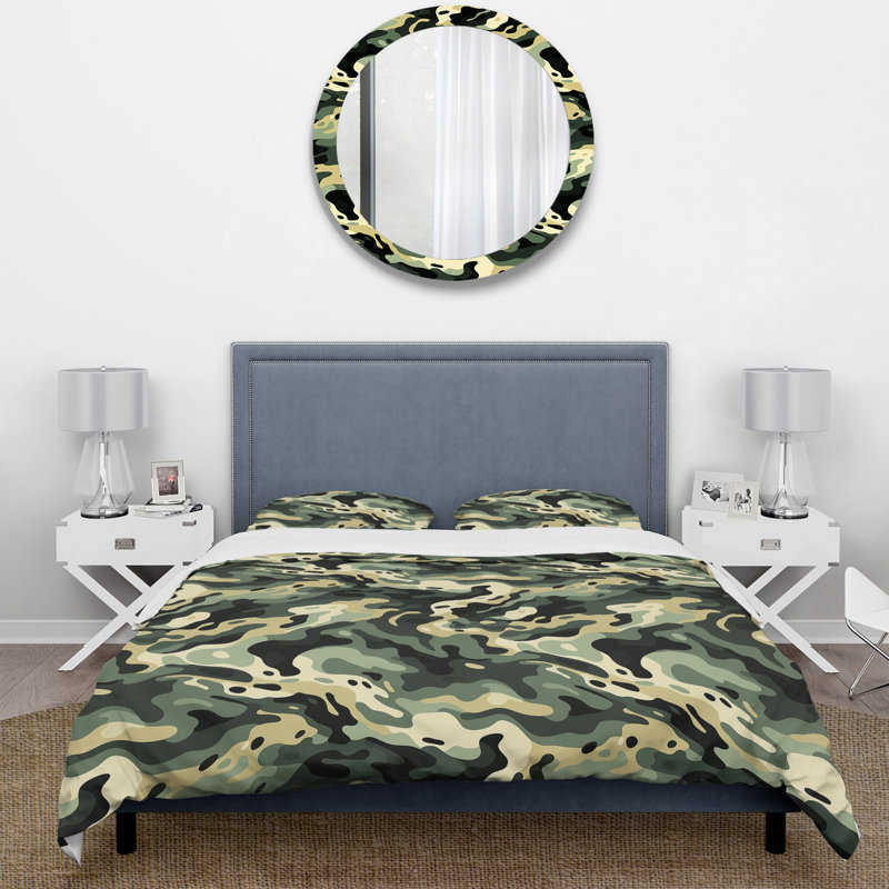 Literie vert et noir camouflage chic I, Housse de couette pour grand lit et 2 taies décor