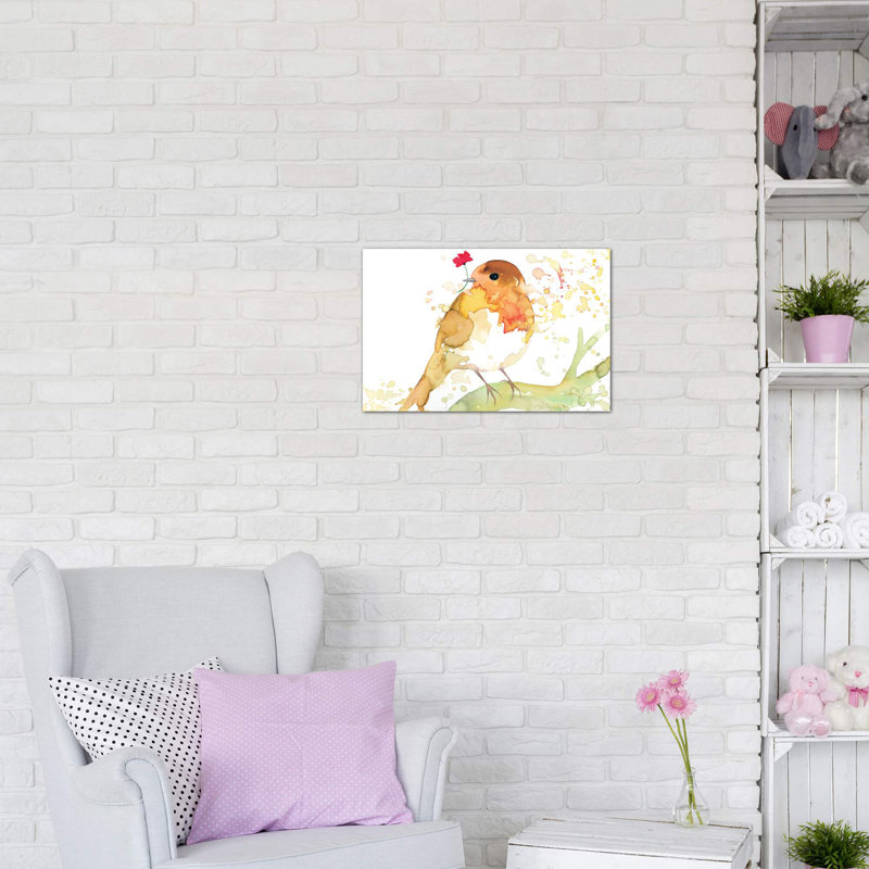 Robin avec coquelicot - reproduction d'art, H 40 po x l 60 po x 1,5 po, Toile tendue, Pas de tapis
