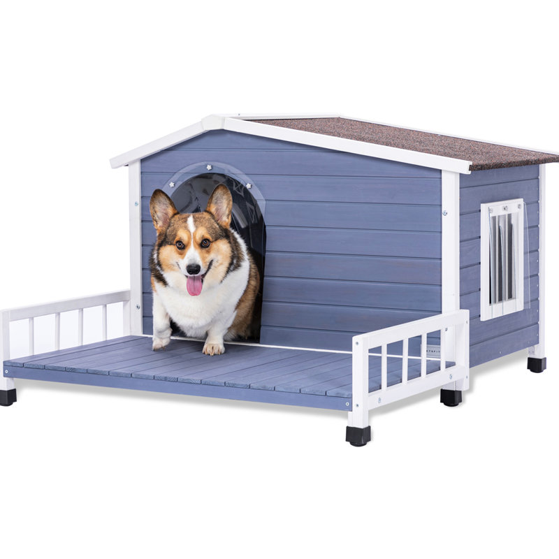 Grande niche pour chien avec toit imperméable et plancher surélevé, convient aux chiens de petite taille en bois massif, avec terrasse et ventilation