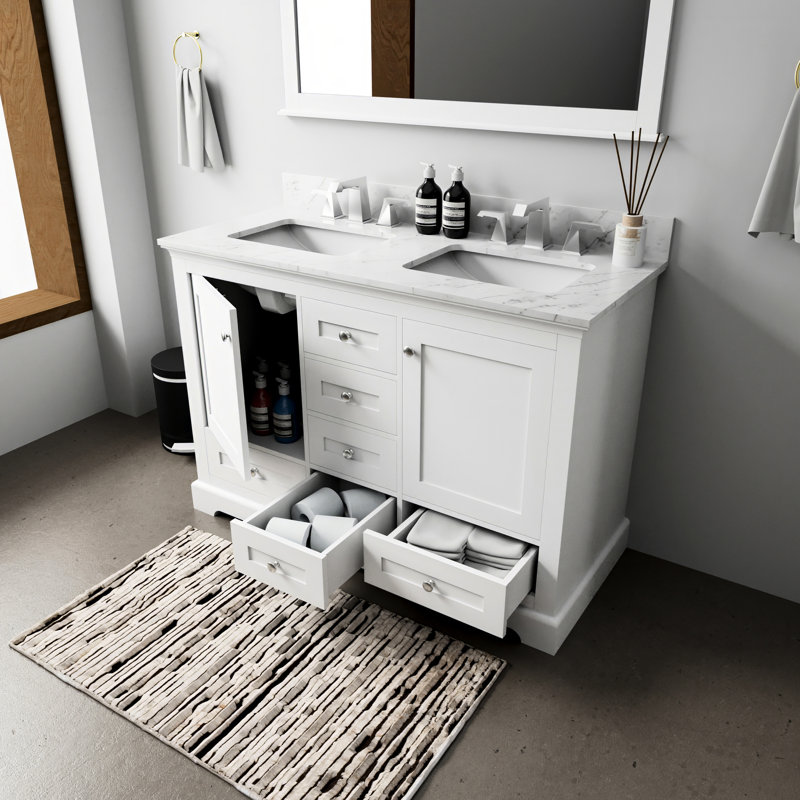 48 po L x P 22 po, meuble-lavabo double blanc avec tiroirs et armoires à fermeture en douceur pour une utilisation silencieuse, deux espaces de rangement intérieurs, six tiroirs, une tablette ouverte, entièrement en bois massif E0 contreplaqué
