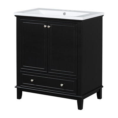 Armoire de salle de bain 30 "avec lavabo - noir, bois massif et meuble-lavabo à tablette réglable en céramique noir