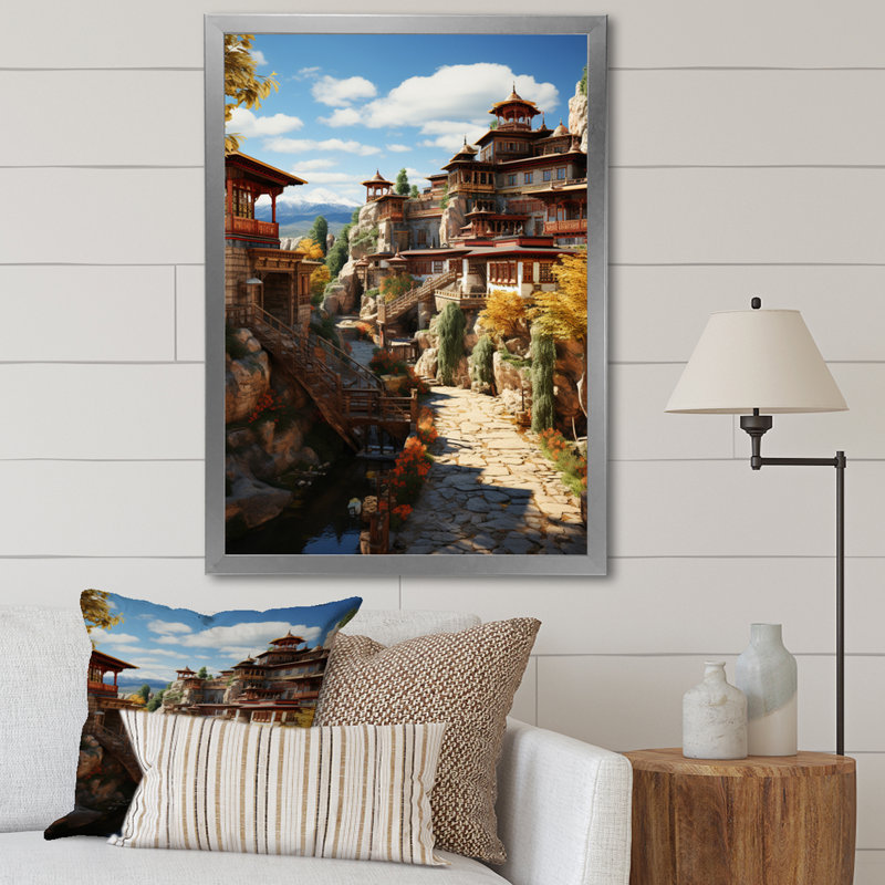 Art asiatique, monastère tibétain IV sur toile, Cadre photo argenté, H 44 po x l 34 po x P 1,5 po