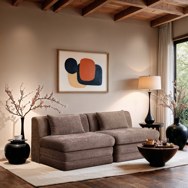 Causeuse modulaire en tissu Eilene Chenille, Tissu chenille brun, 2 sans accoudoirs