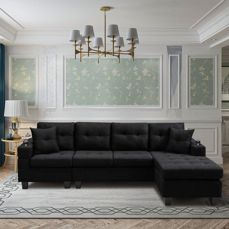 Calliandra Upholstered L-Shaped Sectional Left Hand Facing, Black Polyester,  Right Hand Facing