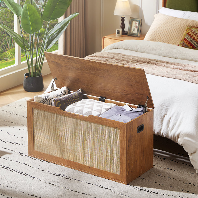 Coffre de rangement en rotin, banc de rangement en bois de 40 po avec charnière de sécurité, commode à couverture, banc d'entrée, support pour 80 lb, coffre de rangement pour le salon, la chambre à coucher