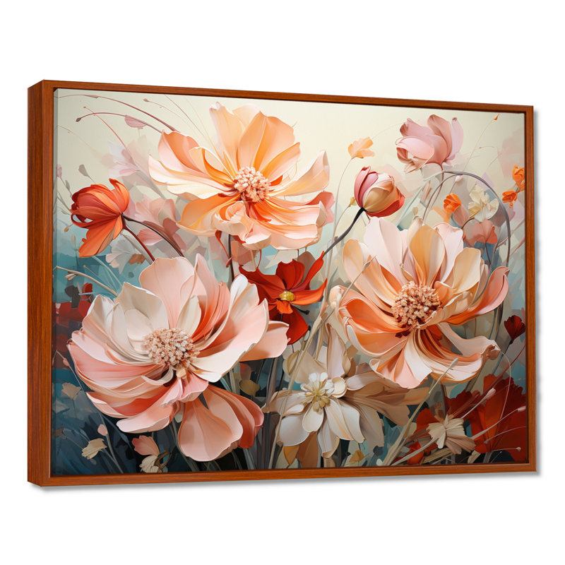 Coral Petal Symphony I - Abstract Botanicals, art mural, H 12 po x l 20 po x P 1 po, Cadre flottant brun