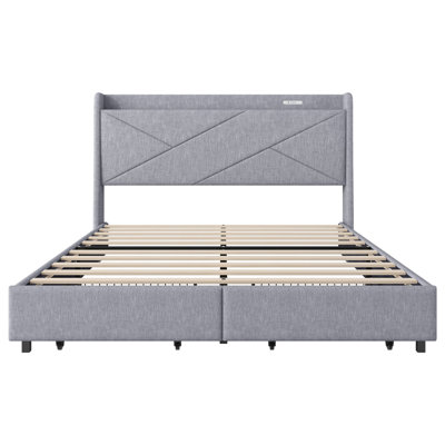 Queen Size Upholstery Platform Bed With Storage Headboard, LED, USB Charging And 2 Drawers -  Ivy Bronx, 61EEF9761AA6481A8C6034ACD6E9C1F7