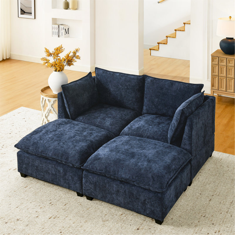 Canapé en chenille 3 places avec 2 coussins lombaires avec repose-pieds, Bleu