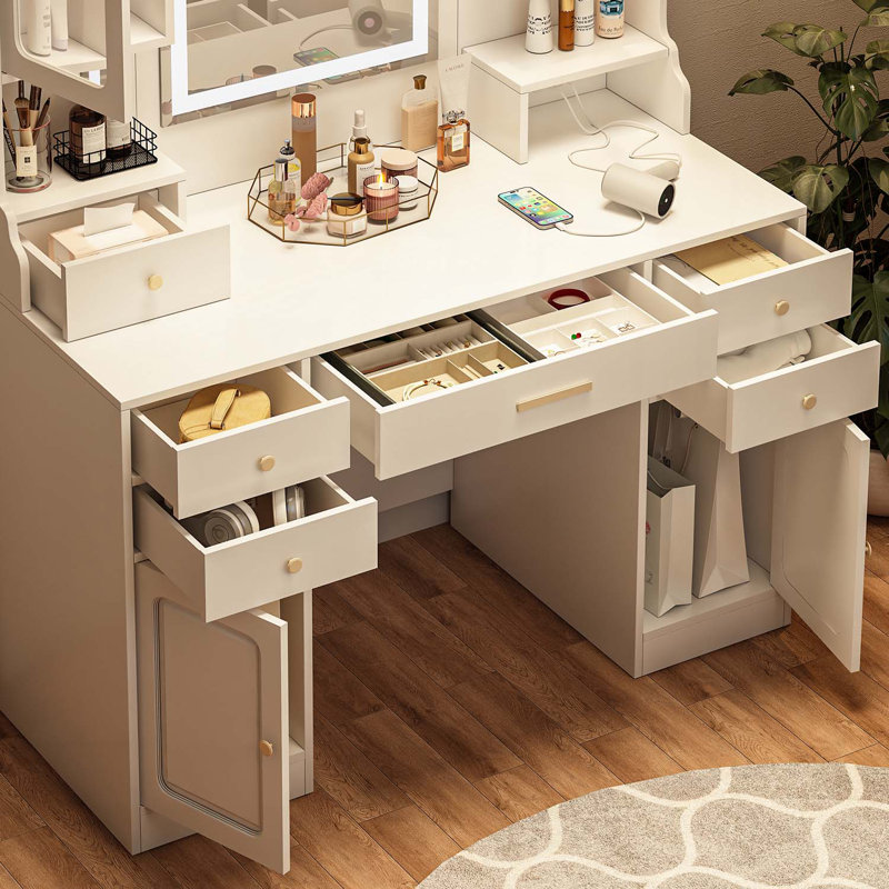 Wooden Makeup Vanity Table And Stool Set With Mirror And Lights