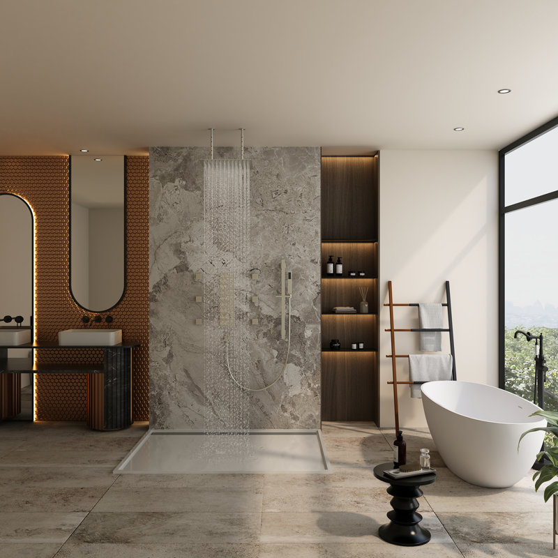 16" Ceiling Mounted 4-Function Thermostatic Rainfall Shower System with 6 Body Jets and Slide Bar, Brushed Nickel