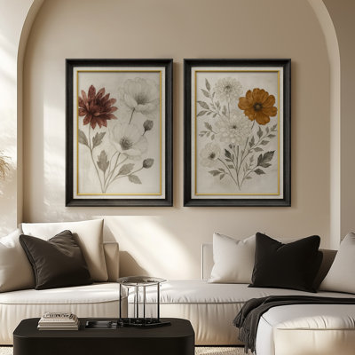 Vintage Botanical Floral Study Classic Antique - Set of 2 Premium Framed Wall Art Print on Paper 26"x36"