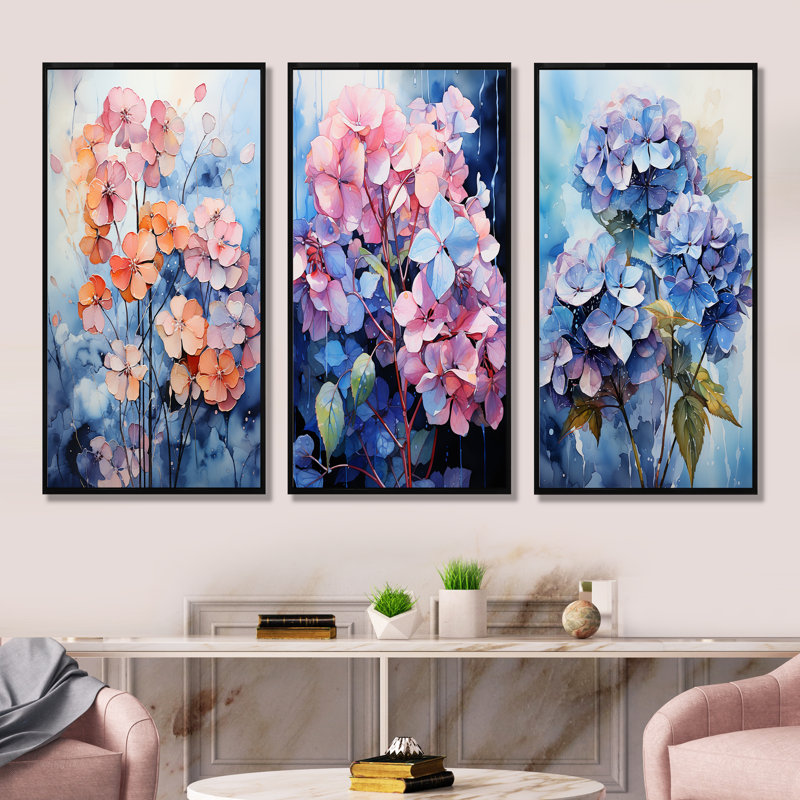 Hydrangées bleues et mauves - ensemble de 3 impressions sur toile d'hortensias, Cadre flottant noir, H 28 po x l 36 po