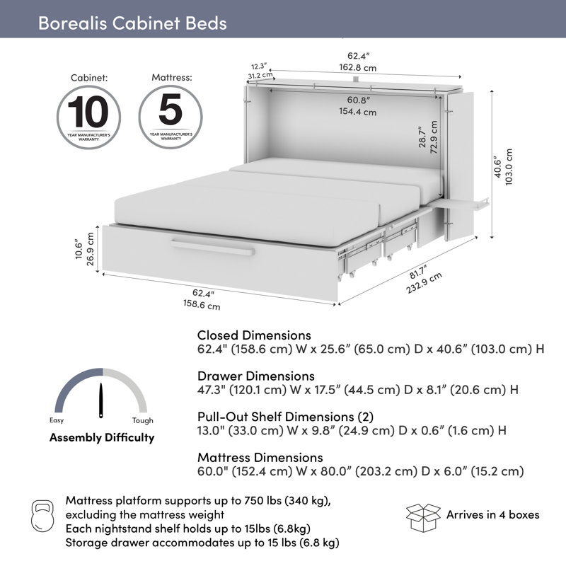 Lit escamotable avec tiroir et matelas Borealis Murphy, Grand, Blanc