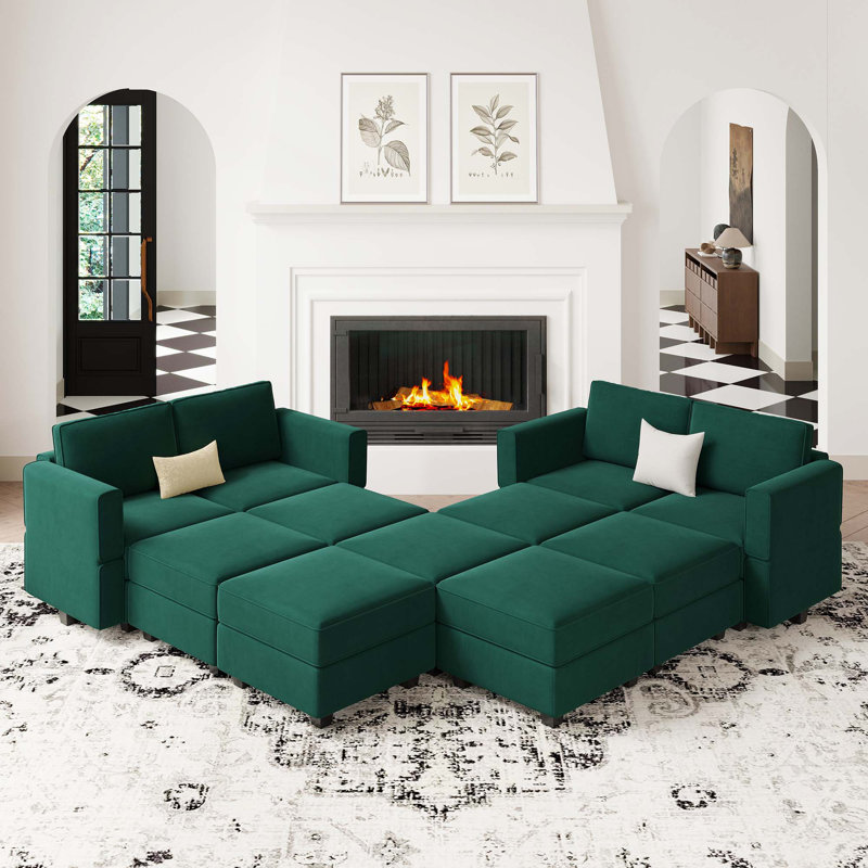 Canapé de rangement modulaire en velours Vashudev, Velours vert