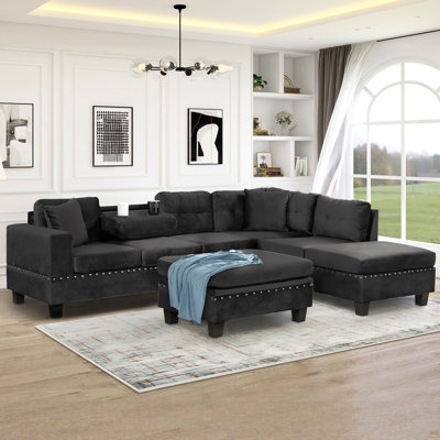 105" Modern Sectional Sofa With Storage Ottoman, L-Shape Couch With 2 Pillows And Cup Holders,Sectional Sofa With Reversible Chaise