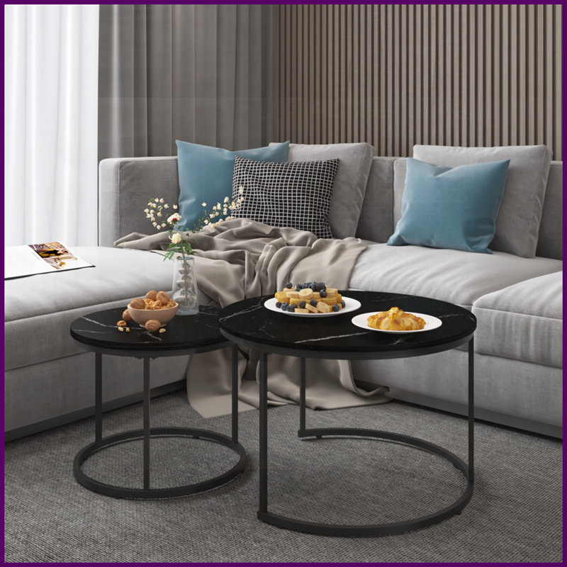 Ensemble de 2 tables basses rondes peu encombrantes avec plateau en marbre et amp; Structure en métal robuste, assemblage facile en 10 minutes pour le salon