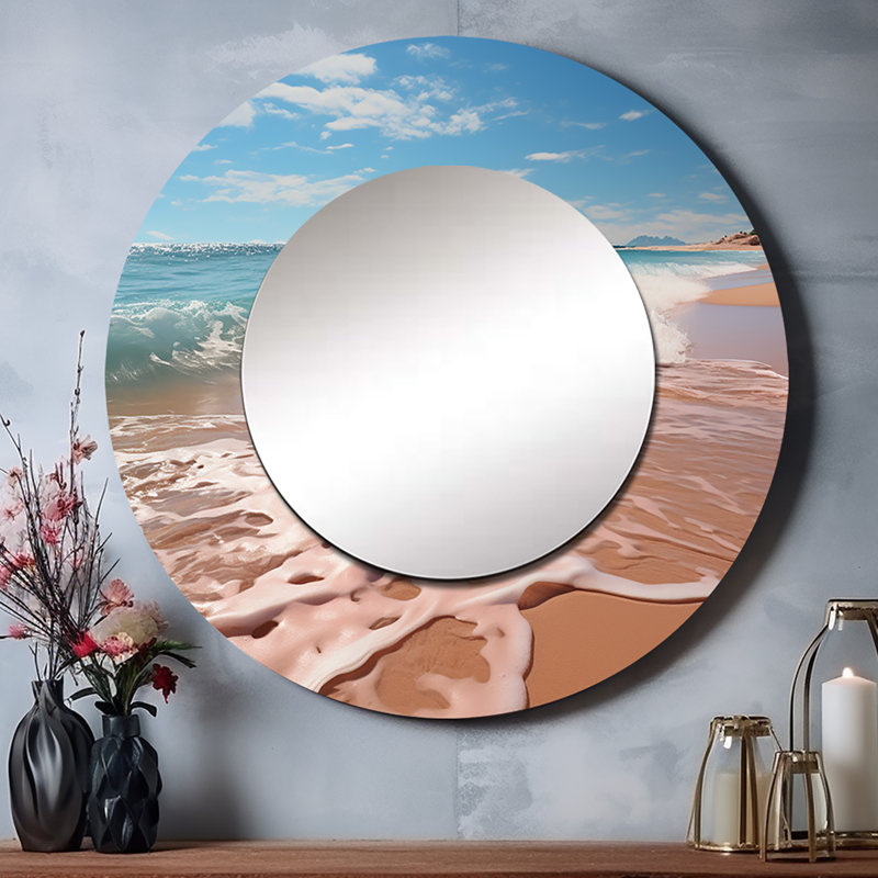 Shalesa Scenic Landscape Coastal Serenity II - grand miroir mural océan, miroir décoratif rond turquoise, impression d'art en métal