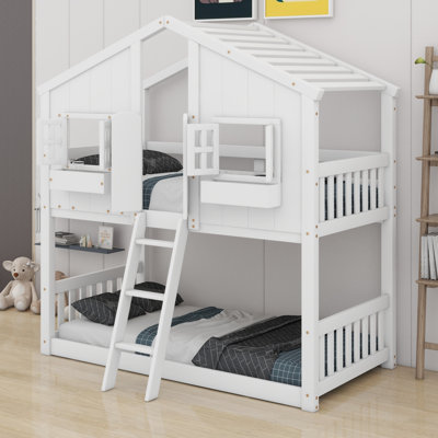 Lit superposé en forme de maison pour enfants avec garde-corps en échelle pour porte de fenêtre de toit