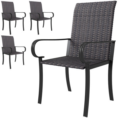 Ensemble de 4 chaises de salle à manger d'extérieur en osier Outsunny, fauteuils en rotin toutes saisons avec accoudoirs, structure en acier, dossier haut et assise profonde, gris