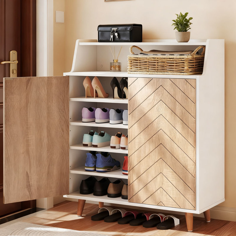 Armoire à chaussures à 5 niveaux avec portes et tablettes réglables, rangement à chaussures de grande capacité avec motif à chevrons pour l'organisation du vestibule dans le vestibule