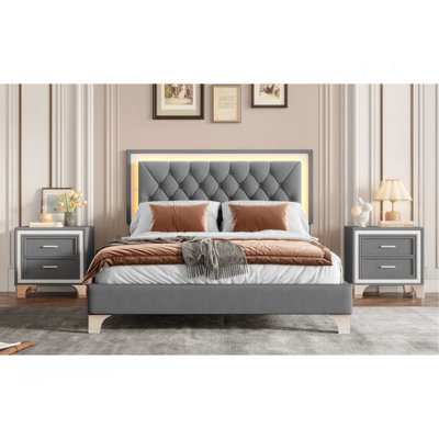 3-Pieces Bedroom Sets,Queen Size Upholstered Platform Bed With LED Lights And Two Nightstands by Mercer41