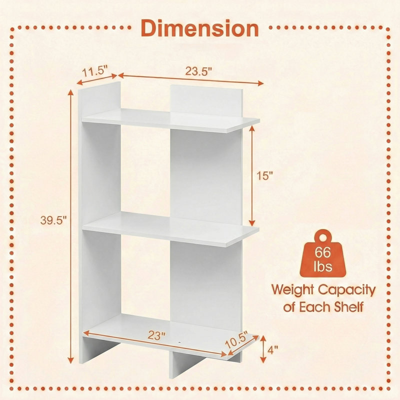 Étagère à 3 niveaux, bibliothèque autoportante avec tablette de rangement ouverte, présentoir vertical d'angle pour petits espaces